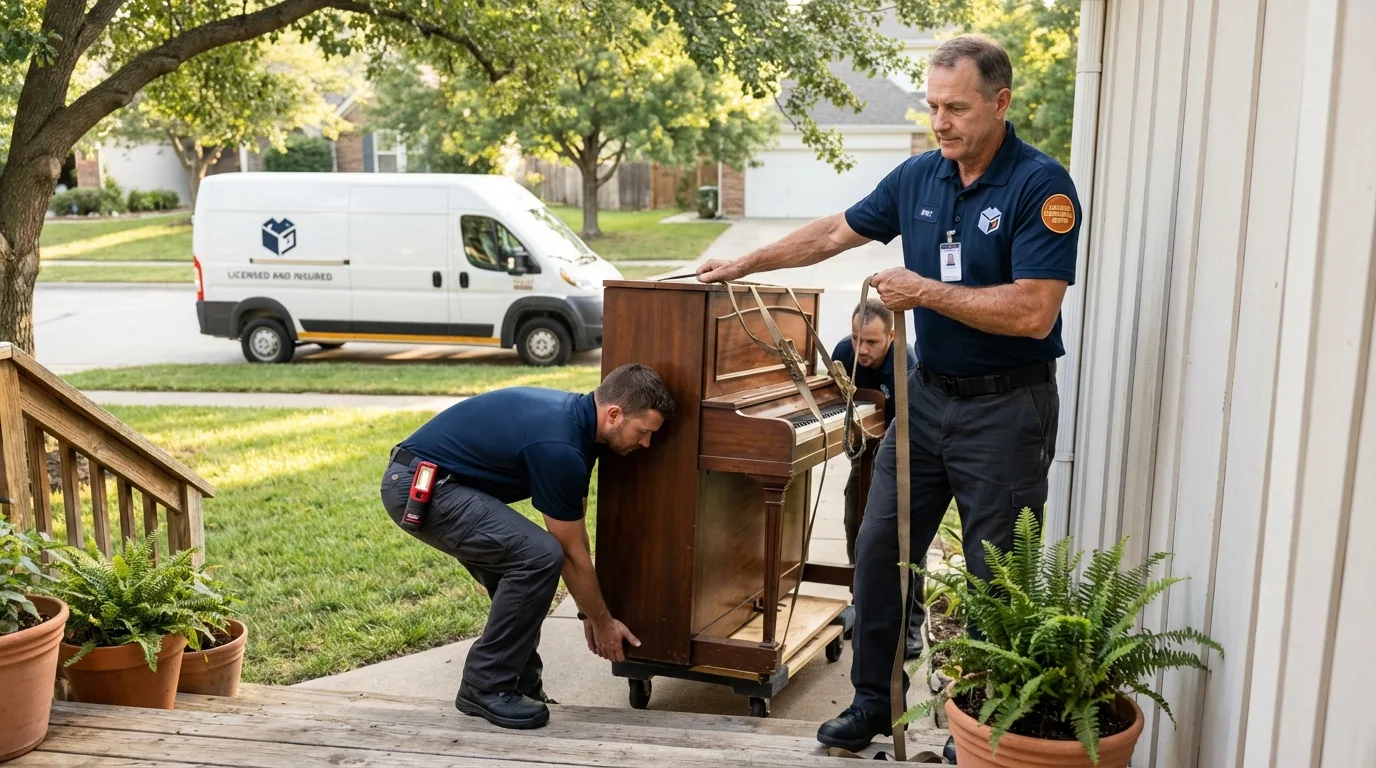 Licensed piano movers securing grand piano in Clifton Forge, VA