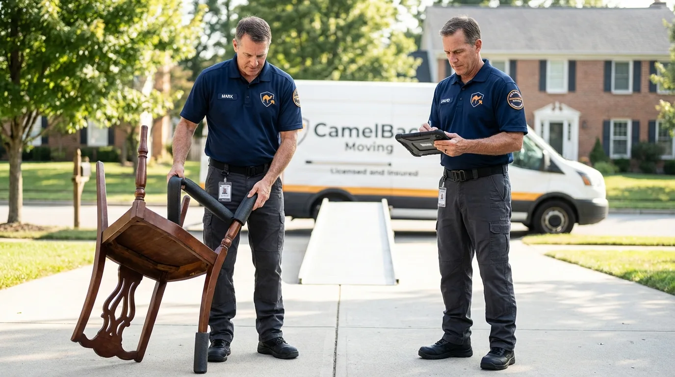 Movers inspecting furniture for damage prevention before loading in Clifton Forge, VA